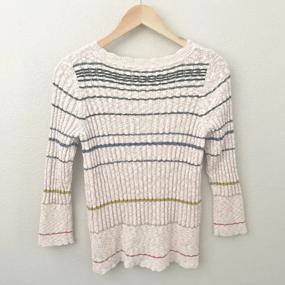 FREE PEOPLE | Rossi Striped Ribbed Knit Sweater Quarter-zip Neutral | Size Large - Picture 5 of 8